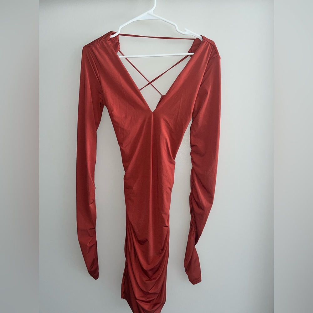 Tiger Mist Ruched Satin Mini Dress Orange M NWT